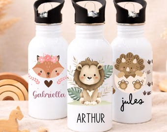 Botella de agua infantil personalizada con nombre | Botella de agua para preescolar/guardería | Botella de acero inoxidable de 400 ml con diseños de animales: unicornio, león, zorro y dinosaurio | Pajita antigoteo