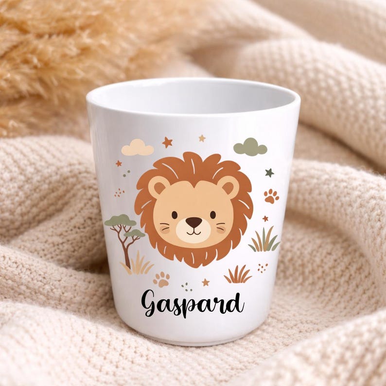 Tazza per bambini personalizzata con nome – Infrangibile, senza BPA – Tazza per la scuola, l'asilo o la scuola materna – Regalo personalizzato per bambini con animali Lion