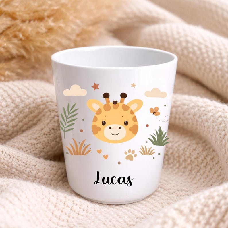 Tazza per bambini personalizzata con nome – Infrangibile, senza BPA – Tazza per la scuola, l'asilo o la scuola materna – Regalo personalizzato per bambini con animali Girafe