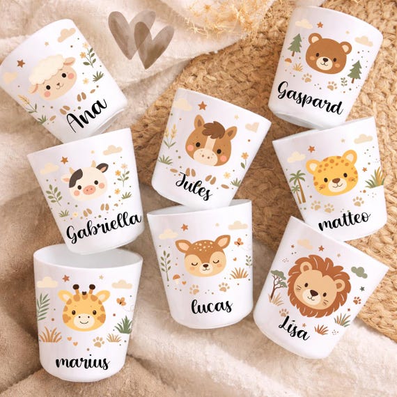 Gobelet enfant personnalisé avec prénom – Incassable BPA Free – Gobelet école crèche maternelle – Cadeau enfant personnalisé animaux