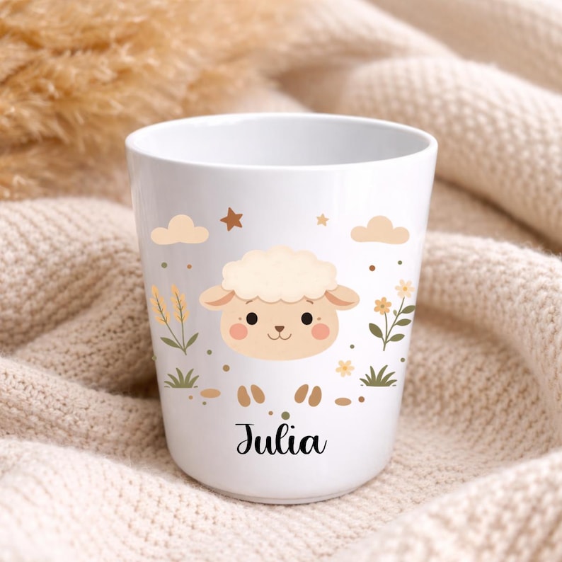 Tazza per bambini personalizzata con nome – Infrangibile, senza BPA – Tazza per la scuola, l'asilo o la scuola materna – Regalo personalizzato per bambini con animali Mouton