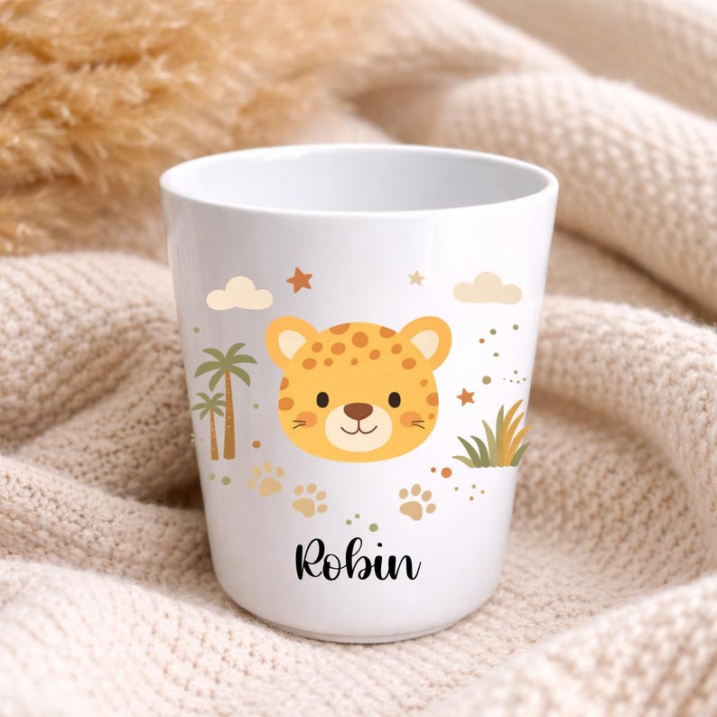 Tazza per bambini personalizzata con nome – Infrangibile, senza BPA – Tazza per la scuola, l'asilo o la scuola materna – Regalo personalizzato per bambini con animali Léopard