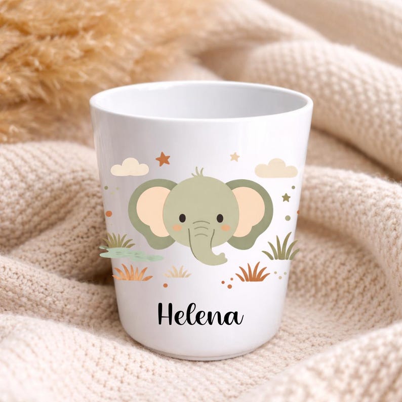 Tazza per bambini personalizzata con nome – Infrangibile, senza BPA – Tazza per la scuola, l'asilo o la scuola materna – Regalo personalizzato per bambini con animali Eléphant