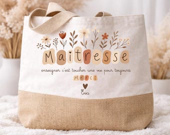 Cabas personnalisé maîtresse ATSEM AESH déco florale – Tote bag coton jute – Cadeau fin d’année scolaire – Cadeau enseignant personnalisé