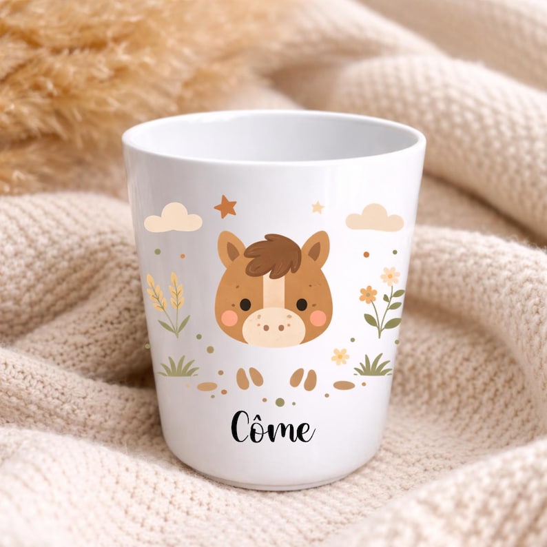 Tazza per bambini personalizzata con nome – Infrangibile, senza BPA – Tazza per la scuola, l'asilo o la scuola materna – Regalo personalizzato per bambini con animali Cheval