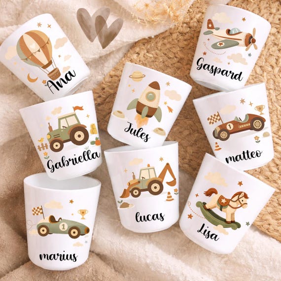 Gobelet enfant personnalisé avec prénom – Incassable BPA Free – Cadeau enfant personnalisé voiture/avion – Gobelet école crèche maternelle