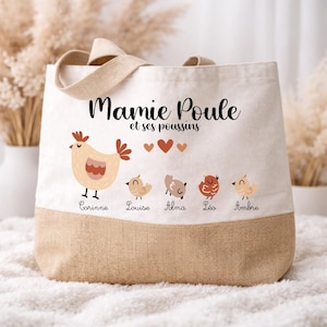 Può includere: Borsa tote beige con fondo e manici marrone chiaro. La borsa presenta una gallina dei cartoni animati e quattro pulcini, con la scritta "Mamie Poule et ses poussins" e nomi sotto. La borsa è in tela.