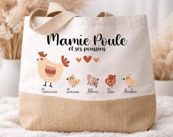 Cabas personnalisé Mamie Poule – Tote bag personnalisé – Sac shopping coton et toile de jute – Cadeau fête des grands-mères - Cadeau Mamie