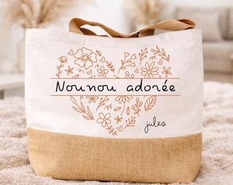 Cabas personnalisé Nounou – Cadeau nounou – Sac coton et toile de jute – Tote bag personnalisé – Cadeau personnalisé nounou - Coeur Fleurs