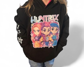 Sudadera con capucha para niños HUNTRIX K-pop Demon Hunters - Sudadera personalizada con diseño de fan art de K-drama - Sudadera juvenil con nombre personalizado + pegatinas gratis
