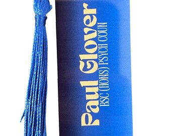 Personalized Graduation Bookmark: Metallic Gold Effect, Blue Tassel