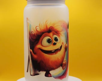 Artist's Frosted Glass Tumbler with Straw - Cute Painting Monster Cup - Reusable Iced Coffee Tumbler with Bamboo Lid - Art Lover Gift