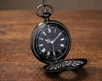 Collar con colgante de reloj de bolsillo vintage con números romanos – Acero inoxidable negro, estilo steampunk (cuarzo)