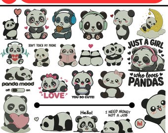 Kawaii Panda Bear Machine Embroidery Designs Cute Panda Embroidery Panda Applique Mini Panda EMB Panda Face Lazy Panda File 5+Sizes Download