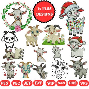 Może przedstawiać: Kolekcja wzorów kóz w różnych stylach, w tym kreskówkowych i świątecznych. Wzory przedstawiają kozy w czapkach Świętego Mikołaja, wieńcach kwiatowych i innych elementach dekoracyjnych. Obraz zawiera tekst "14 PLUS DESIGNS" w czerwonym okręgu.