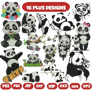 Floral Panda Machine Embroidery Design Bundle Mini Panda Design Embroidery Cute Panda Funny Panda Embroidery Cute Baby Panda Girl Panda Pes