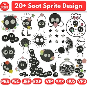 Cute Soot Sprite Embroidery Design Bundle Little Dust Creatures with Stars, Kawaii Cartoon Trendy Design Ghibli Style Design 5+Size Download