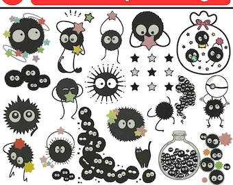 Cute Soot Sprite Embroidery Design Bundle Little Dust Creatures with Stars, Kawaii Cartoon Trendy Design Ghibli Style Design 5+Size Download