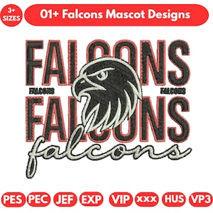 Op de afbeelding: Een digitaal ontwerp met het woord "FALCONS" in een vetgedrukte, zwarte letter met rode accenten en een gestileerde zwart-witte valkenkop. Het ontwerp bevat de tekst "01+ Falcons Mascot Designs" in een rode banner.