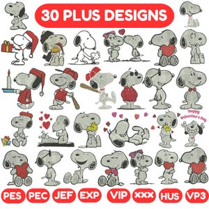 Puede incluir: Una colección de diseños de Snoopy en varias poses y atuendos, incluyendo sosteniendo un regalo, usando un gorro de Papá Noel y sosteniendo un bate de béisbol. El texto "30 PLUS DESIGNS" se muestra en un óvalo rojo.