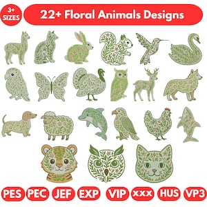Puede incluir: Una colección de más de 22 diseños florales de animales, incluyendo una llama, un gato, un conejo, una ardilla, un colibrí, un cisne, un loro, una mariposa, un pavo, un búho, un ciervo, un lobo, un perro salchicha, una oveja, un delfín, un águila, una gallina, un tiburón, un tigre y una cara de gato. Los diseños son verdes con acentos florales rosas.