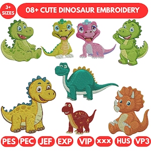 May include: Eight colourful dinosaur embroidery designs. The dinosaurs are in various poses and colours, including green, yellow, pink, and orange. The text "08+ CUTE DINOSAUR EMBROIDERY" is displayed at the top.