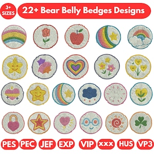 Op de afbeelding: Een verzameling van 22+ geborduurde patches met diverse ontwerpen, waaronder regenbogen, sterren, bloemen en harten. De patches zijn rond met een witte rand en hebben kleurrijk borduurwerk. De tekst bovenaan luidt "22+ Bear Belly Bedges Designs."