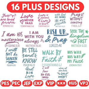 Pode incluir: Um arquivo de design digital com 16 citações e frases inspiradoras, incluindo "O amor nunca falha" e "Orai sem cessar". O texto está em várias cores e fontes, com as palavras "16 PLUS DESIGNS" no topo.