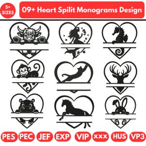 以下が含まれることがあります： 09+ Heart Split Monograms Designのデジタルコレクション。ハイランド牛、人魚、タツノオトシゴ、猿、猫、鹿、カバ、馬、ウサギの黒いシルエットがハートのフレーム内に描かれています。PES、PEC、JEF、EXP、VIP、XXX、HUS、VP3のファイル形式が含まれています。