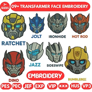 Op de afbeelding: Een verzameling van negen geborduurde Transformer gezichten in verschillende kleuren, waaronder geel, blauw, rood en grijs. Elk gezicht heeft een uniek ontwerp en is gelabeld met een karakternaam. De tekst "09+ TRANSFORMER FACE EMBROIDERY" is ook aanwezig.
