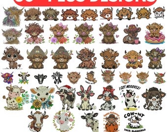 Floral Highland Cow Embroidery Designs Bundle: Instant Download