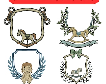 Maskinbroderidesign med blommig vapensköld, bunt med björnram, broderimonogram, lagervapensköld, ramdesign i 3+ storlekar, direktnedladdningsbara filer