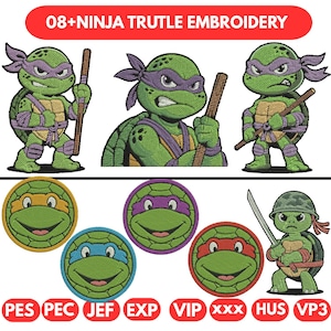 May include: Embroidered patches and cartoon illustrations of Teenage Mutant Ninja Turtles. The image includes the text "08+NINJA TRUTLE EMBROIDERY" and file type abbreviations. The turtles are green with colored masks and holding weapons.