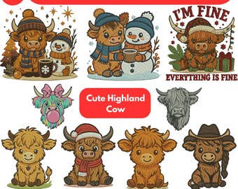 Floral Highland Cow Machine Embroidery Designs Baby Highland Cute Cow Embroidery Designs Mini Cow Embroidery Files 3+Sizes Instant Downloads