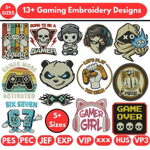 Könnte beinhalten: Eine Sammlung von 13+ Gaming-Stickmustern. Designs umfassen einen Schädel mit Kopfhörern, einen Panda mit leuchtenden Augen, einen Controller und den Text "Gamer Girl".