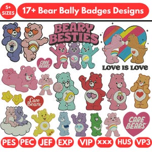 Może przedstawiać: Kolekcja kolorowych wzorów odznak Care Bears. Obraz przedstawia różne misie w różnych pozach, z sercami, tęczami oraz tekstem "Beary Besties" i "Love is Love". Projekt zawiera tekst "Care Bears" i "5+ Sizes".