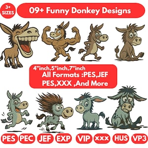 Puede incluir: Una colección de nueve diseños de burros de dibujos animados en varias poses, incluyendo un burro riendo y un burro musculoso flexionando. La imagen incluye el texto "09+ Funny Donkey Designs" y tamaños de "4 inch, 5 inch, 7 inch".