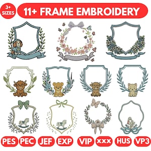 May include: A collection of embroidery frame designs featuring various animals and floral elements. The designs include a dog, lion, cow, cat, rocking horse, and butterflies. The text "11+ FRAME EMBROIDERY" is displayed at the top.