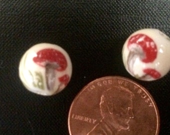 2 Mushroom Beads 10 mm Hand Painted Ceramic