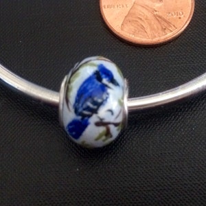 Blue Jay Bead Large Hole Bead- Hand Painted - Sterling - European Style Bead