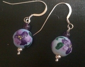 African Violet Earrings-Hand Painted Jewelry