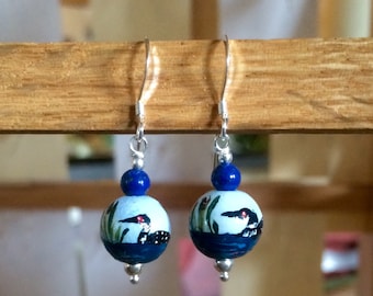 Loon Earrings - Sterling-Hand Painted-Loon Jewelry