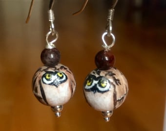 Owl Earrings-Sterling Silver-Hand Painted