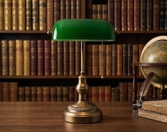 Vintage messing bureaulamp met trekkoord - handgeborstelde antiek gouden tafellamp voor thuis, kantoor, bibliotheek of studeerkamer - klassieke bibliothecarislamp
