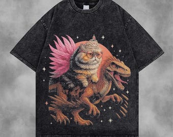 Camiseta vintage de fantasía de mazmorras, dinosaurios y gatos para amantes de los libros.