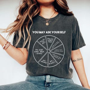 May include: Dark grey t-shirt featuring the phrase "YOU MAY ASK YOURSELF" above a pie chart with various questions. The shirt has a relaxed fit and is suitable for everyday wear.