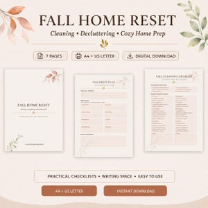 Può includere: Un set di download digitale di 7 pagine stampabili per un "Fall Home Reset", che include un piano e una lista di controllo per le pulizie. I documenti presentano motivi a foglie in acquerello, testo marrone scuro e formati A4 e US Letter.