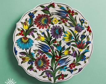 Prato de cerâmica turco feito à mão: decoração de parede floral da Anatólia (30 cm)