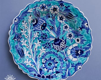 Handmade Turkish Ceramic Wall Plate, Blue Turquoise Floral Art (12 in)