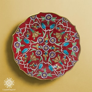Handgjord turkisk keramisk tallrik: Röd blommig ottomansk dekor, 30 cm